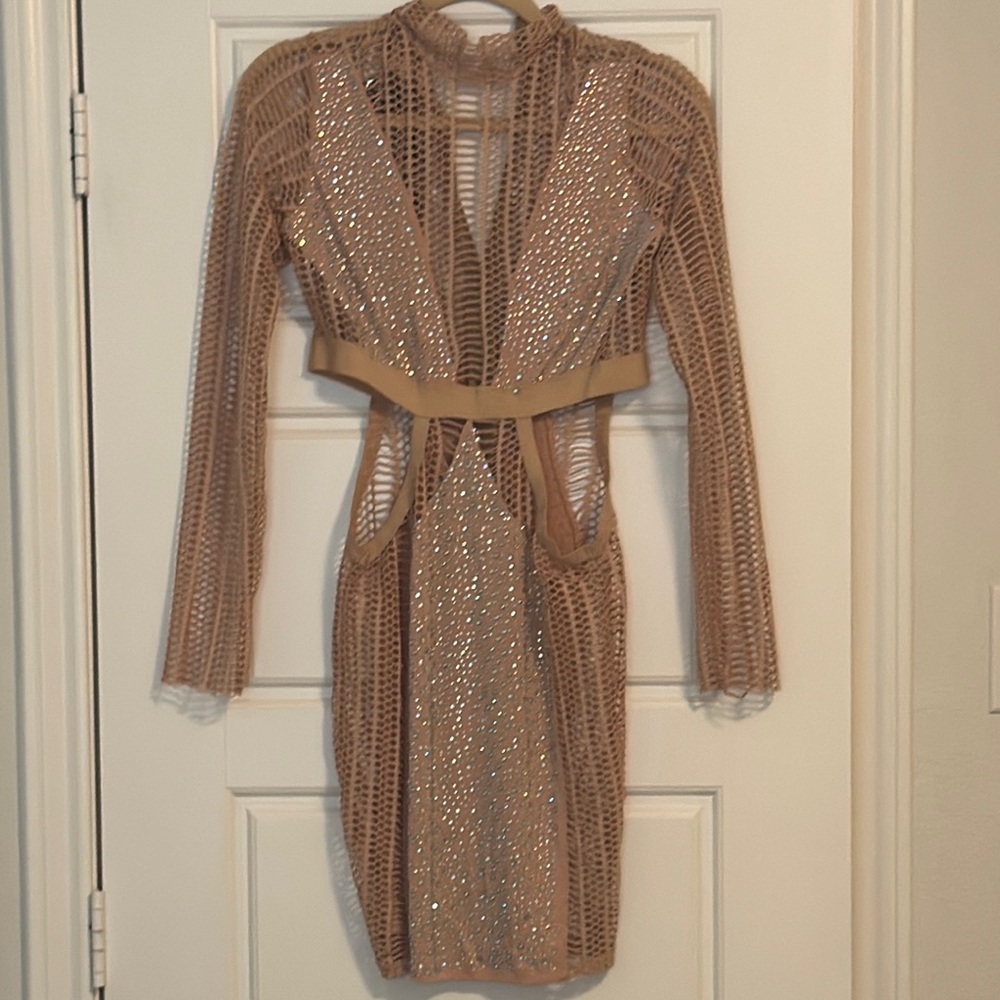 Bejeweled Tan Mesh Dress